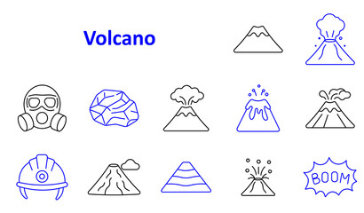 Volcano set icon. Simple cone, erupting peak, gas mask, lava rock, smoking cone, lava flow, ash cloud, safety helmet, quiet, layered, explosion burst, boom effect. © Anastasia