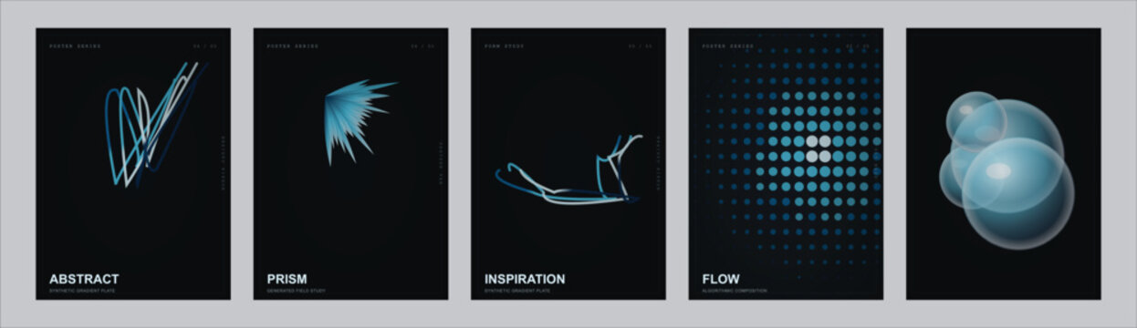Futuristic abstract poster collection, 5 blue neon vector designs on black, modern digital art covers for tech events and branding