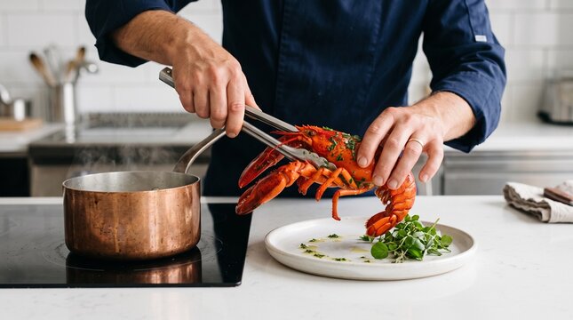Professional chef plating cooked lobster on a white plate in a modern restaurant kitchen