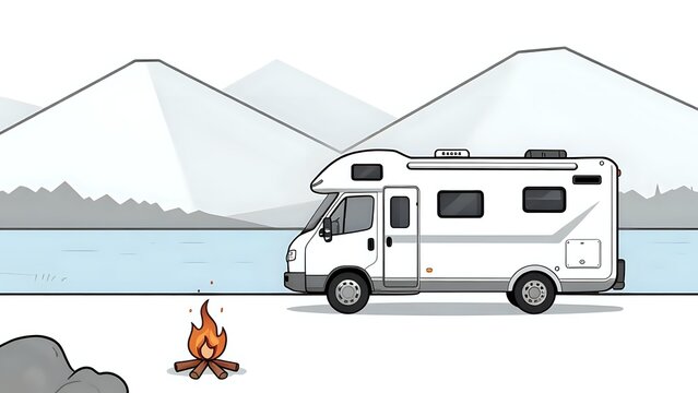 White camper van parked by a serene lake with mountains in the background and a campfire in foreground