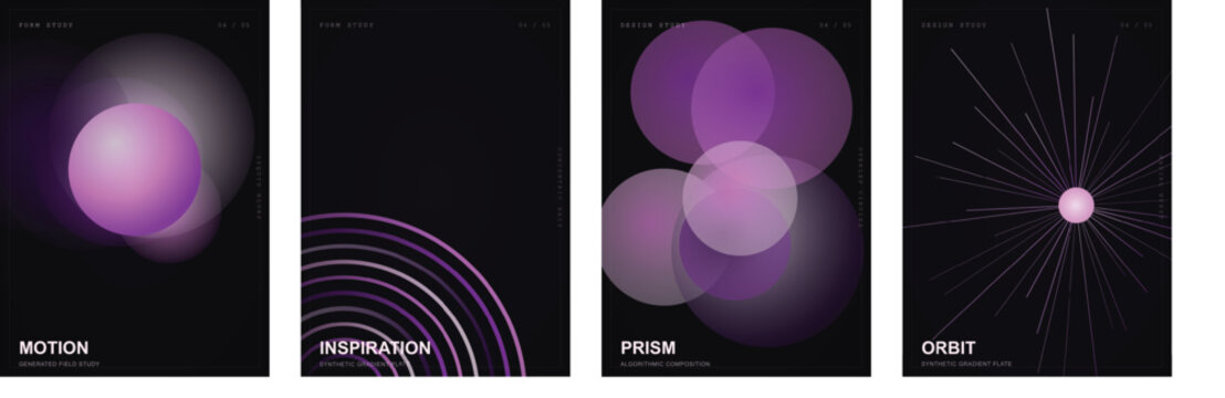 Abstract purple gradient poster set, 4 minimalist vector covers with motion and prism themes, dark aesthetic geometric layouts
