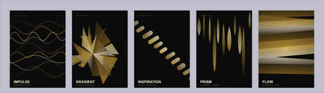 Luxury gold and black abstract poster set, 5 elegant geometric vector covers, premium metallic gradient flyer templates