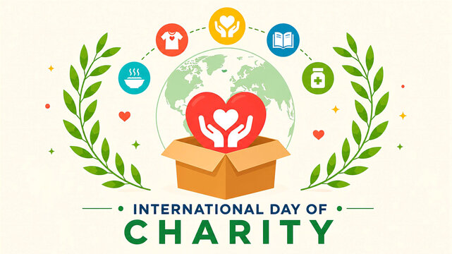 international day of charity donation and global humanitarian support | international day of charity with donation box, helping hands and world globe