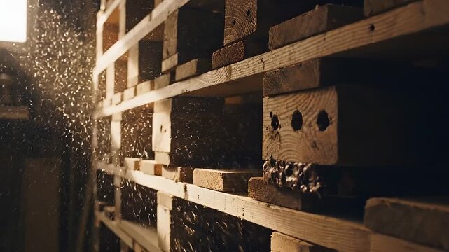Reclaimed Wood Pallets Stacked in an Upcycling Workshop With Dust Motes in Sunlight