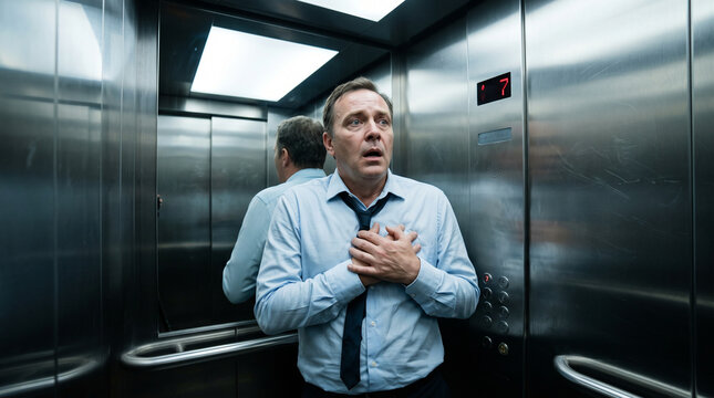 Panicked man clutching chest in elevator suffering from claustrophobia and anxiety attack