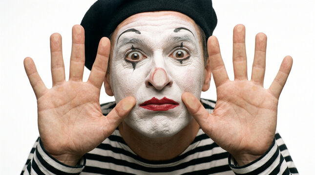 Classic mime performer with white face makeup simulating being trapped behind glass with nose pressed against invisible barrier.