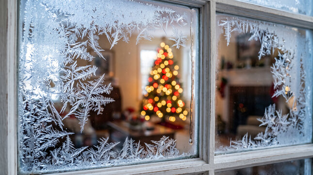 Frosted window pane with ice crystals and blurred christmas tree in background