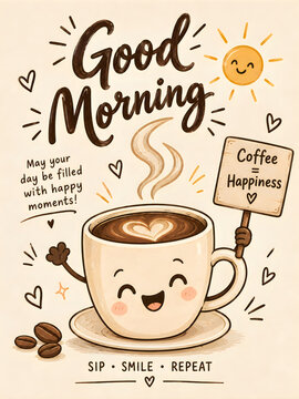 Cute coffee cup wishing good morning with happiness sign