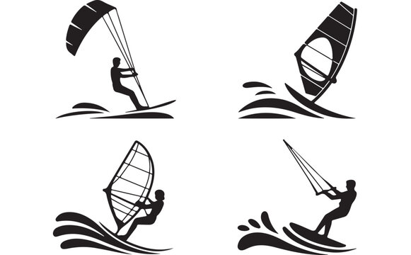 Water sports vector illustration collection featuring stylized black silhouettes of windsurfers and kitesurfers riding ocean waves with dynamic modern designs
