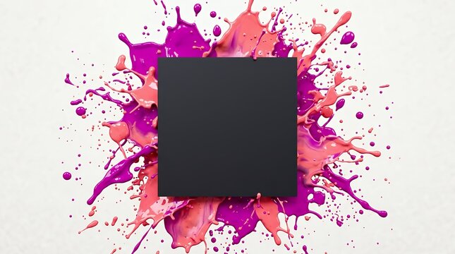 Dynamic Bright Magenta and Coral Liquid Splatter Framing Central Dark Square Copy Space on Light Backdrop paint splash splatter Frame circle circular border square center black dark pink magenta