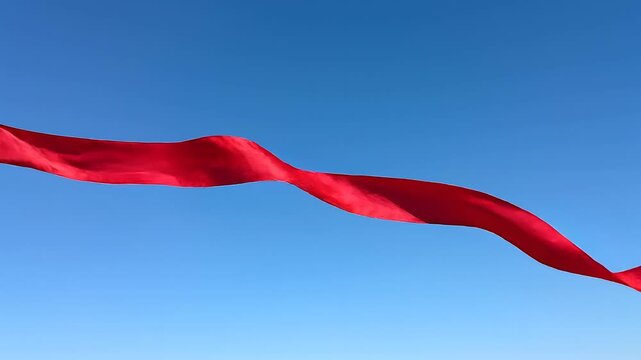 Fabric Ribbon Rippling in the Wind Against a Clear Blue Sky