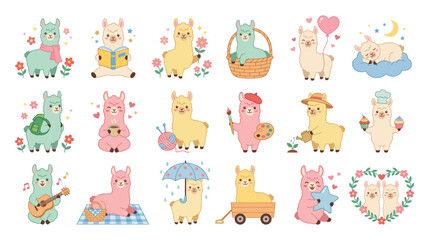 Naklejka premium Adorable llama characters engaged in diverse cute hobby activities.