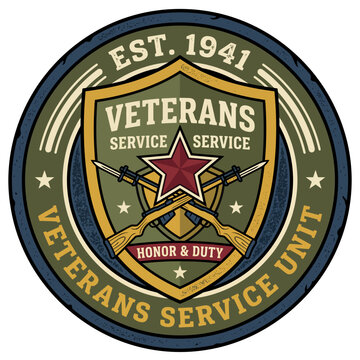 Vintage Veterans Service Unit military emblem vector badge with shield, rifles, and star