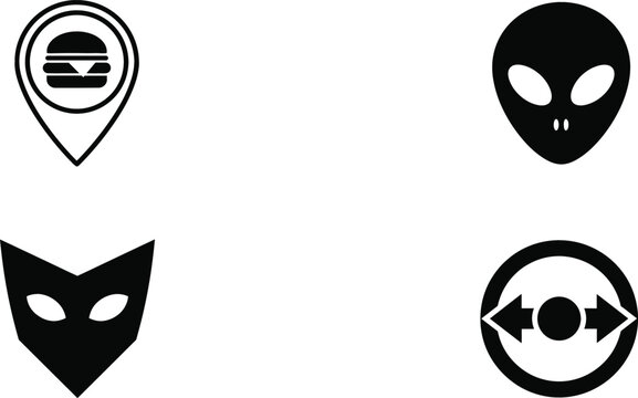 Modern black solid silhouette graphic icon collection with food location alien and mask shapes