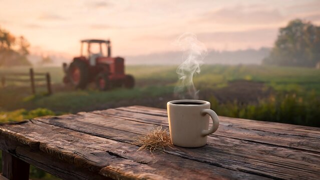 Steaming cup of hot coffee on rustic wooden table with tractor in farm field at sunrise