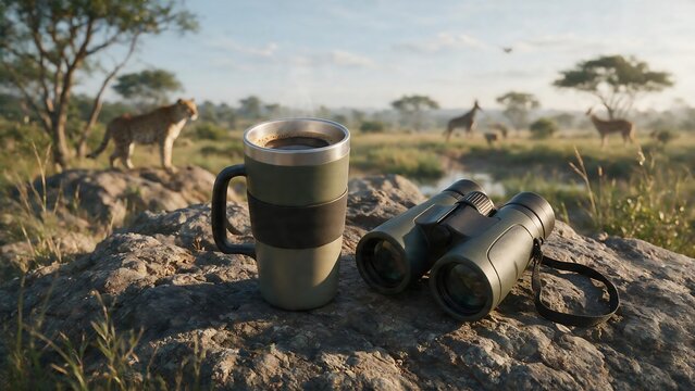 Travel mug of hot coffee and binoculars on a rocky outpost overlooking an African savanna safari with wild animals