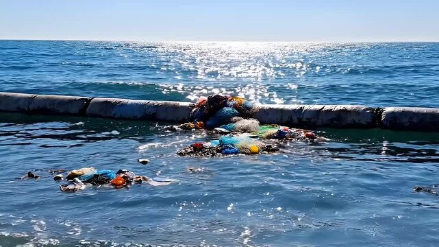 Ocean Plastic Cleanup Boom Floating on Waves