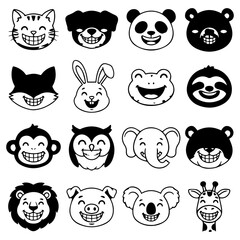 Fototapeta premium Cute Smiling Animal Faces Line Art Vector Icon Set Collection