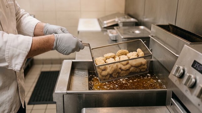 Chef frying chicken nuggets in a commercial deep fryer at a restaurant kitchen.