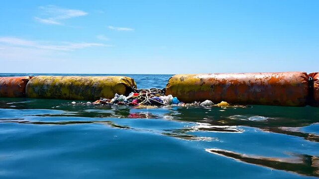 Ocean Plastic Cleanup Boom Floating on Waves