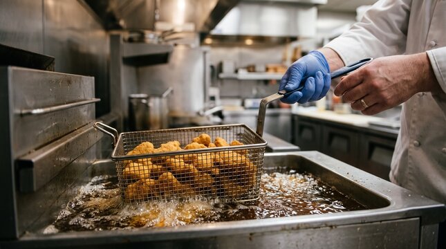 Chef frying breaded chicken nuggets in a commercial deep fryer in a professional kitchen