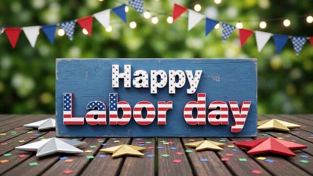 Happy labor day bbq banner american flag wooden sign outdoor celebration party decoration. American patriotic labour day celebration. happy summer family backyard party, bar-b-q grill cookout picnic