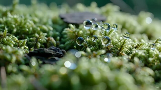 Fresh Dew Drops Glis&shy;tening on Moss-Covered Forest Floor