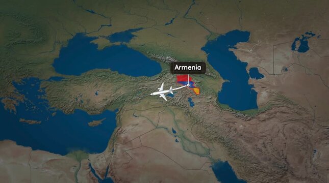 Airplane Flight Route Path Animated Map From Armenia To Austria World Globe Location Travel Animation