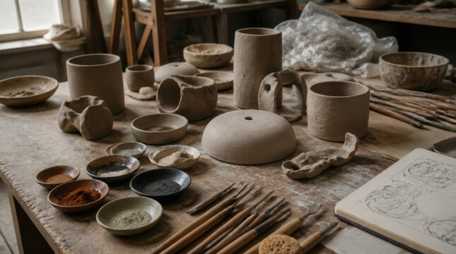 Clay sculpture ceramic studio worktable unfinished pottery forms, bowls and sculpting tools create tactile artistic workspace with quiet focus