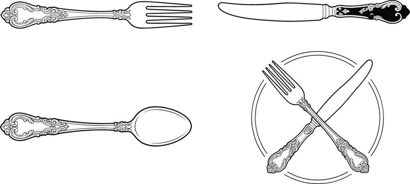 Vintage silverware cutlery vector set with elegant ornate fork knife spoon and restaurant logo elements