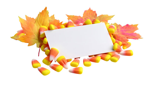 Candy corn maple leaves frame autumn harvest design