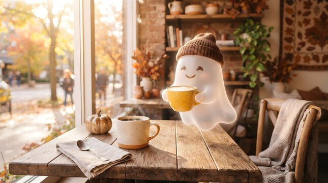 Cute ghost wearing a knit hat and holding a warm coffee mug in a cozy autumn cafe