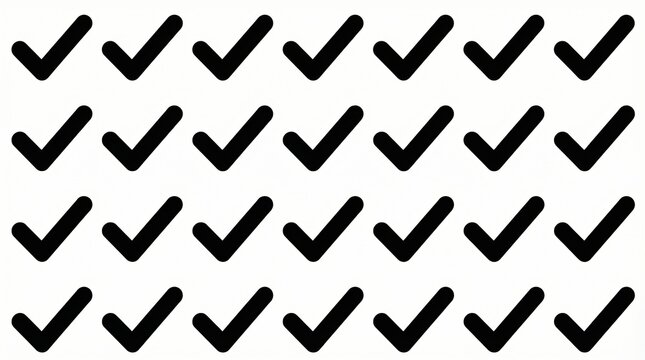 Grid of bold black check mark icons, completion approval verification task success symbol graphic illustration layout design.