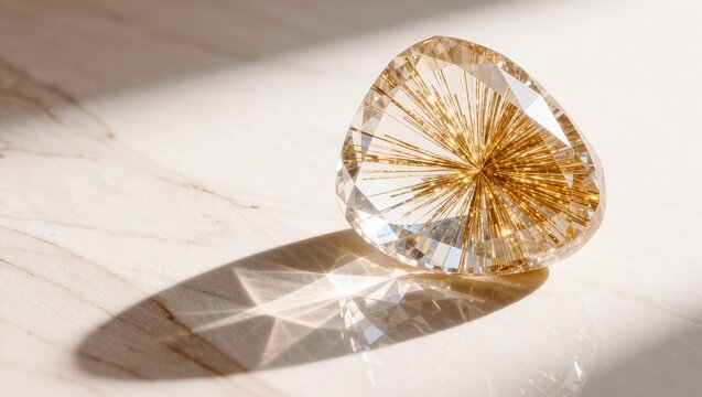 Stunning faceted golden rutilated quartz gemstone resting on a light marble surface. Sharp sunlight creates a beautiful geometric starburst refraction shadow. Macro photography for jewelry design.