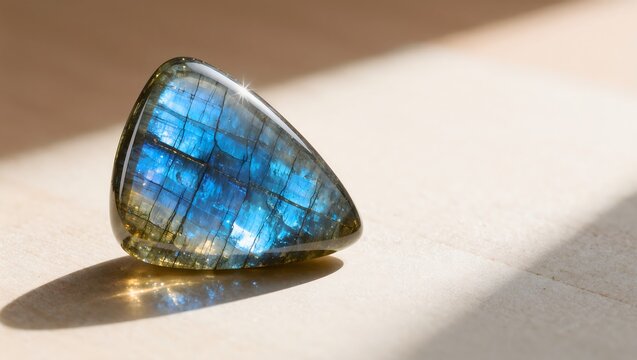 Stunning polished triangular labradorite gemstone cabochon exhibiting vibrant blue labradorescence flash. Resting on a light neutral surface with sharp sunlight and distinct shadow. Macro photography.