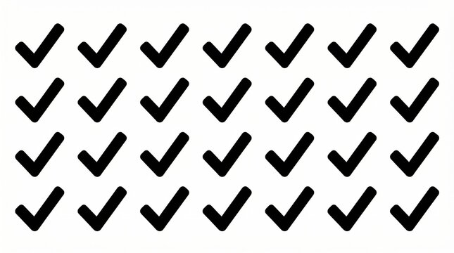 Grid of bold black check mark icons, completion approval verification task success symbol graphic illustration layout design.