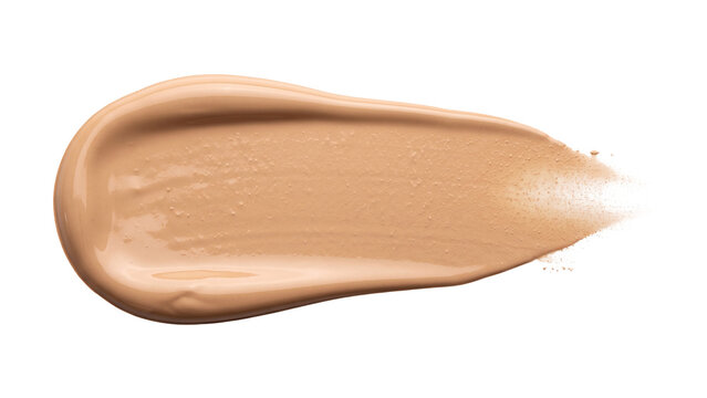 A smooth liquid foundation forms a broad organic cosmetic smear with softly feathered edges, isolated on white for makeup advertising, product presentation, beauty campaigns, packaging, and editorial.