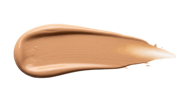 A smooth liquid foundation forms a broad organic cosmetic smear with softly feathered edges, isolated on white for makeup advertising, product presentation, beauty campaigns, packaging, and editorial.