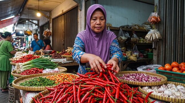 Indonesian market vendor sorting fresh red chili peppers at a traditional wet market stall