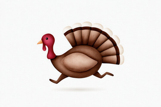 Running turkey bird with brown feathers and red head, playful and lively illustration on white background
