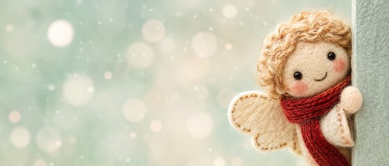 Naklejka premium Charming handmade felt angel doll against a golden bokeh background; banner format for Christmas and the winter holidays. Copy space