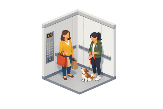 Isometric Illustration of People in Elevator with Dog and Shopping Bags, Modern Lifestyle and Urban Daily Routine Concept