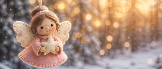 Naklejka premium Charming handmade felt angel doll against a golden bokeh background; banner format for Christmas and the winter holidays. Copy space