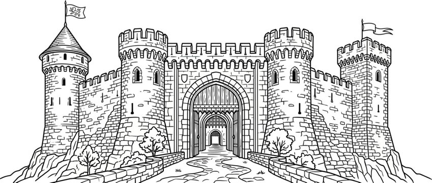 Medieval Castle Gatehouse Isolated Line Art