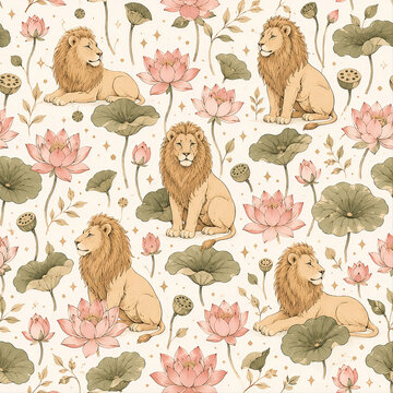 Majestic lion and lotus pond seamless pattern watercolor illustration