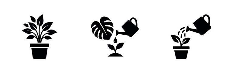 Fototapeta premium Icons depicting plant care, including potted plants and watering a seedling.