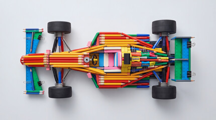 Fototapeta premium Formula 1 racing sports car made of colorful plastic constructor bricks on a white background.