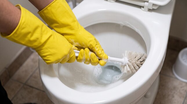Person wearing yellow rubber gloves scrubbing a white toilet bowl with a plastic brush.