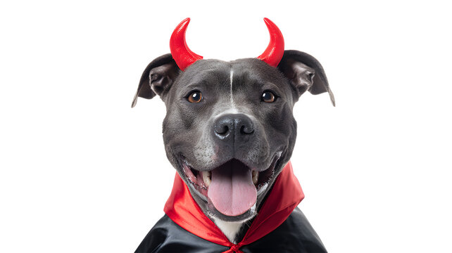Dog wearing devil horns and cape costume