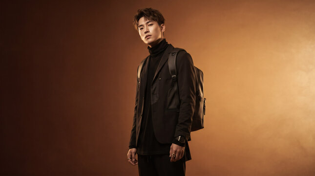 Stylish young Asian man in a black jacket and turtleneck with a backpack looking at the camera.